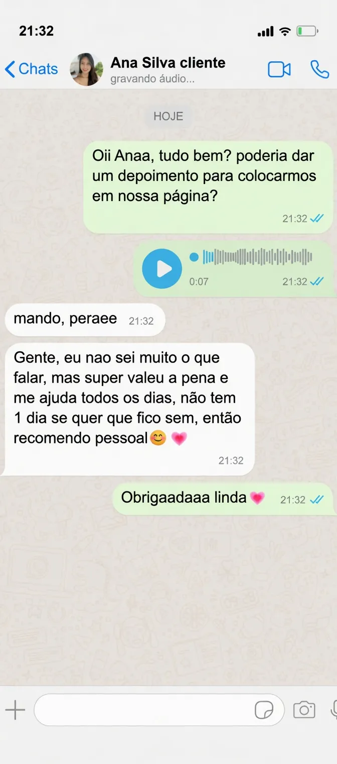 Depoimento de cliente enviado pelo WhatsApp